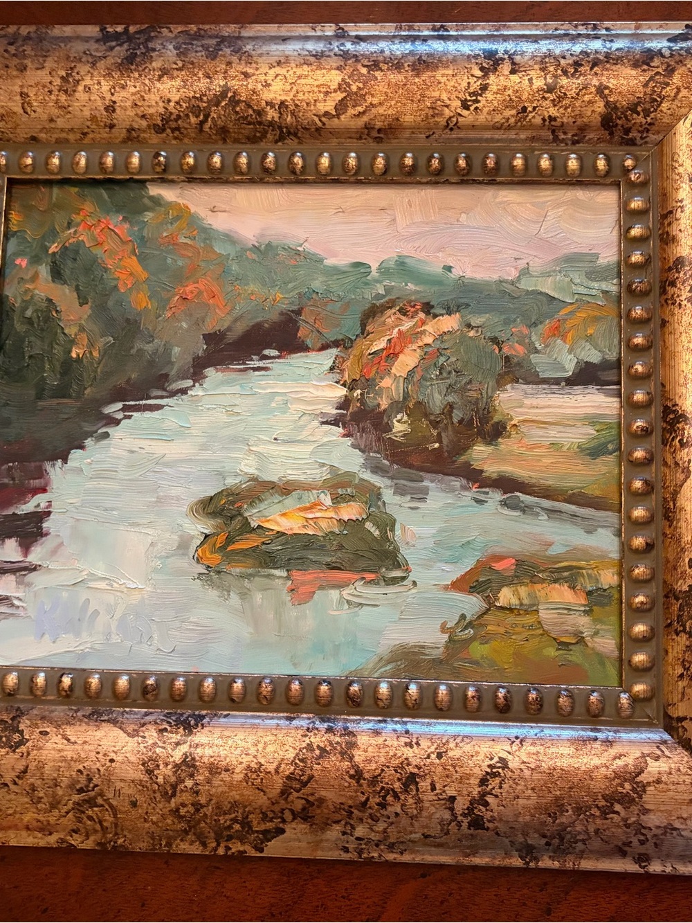 Framed Abstract Landscape Oil Painting in Teal and Green